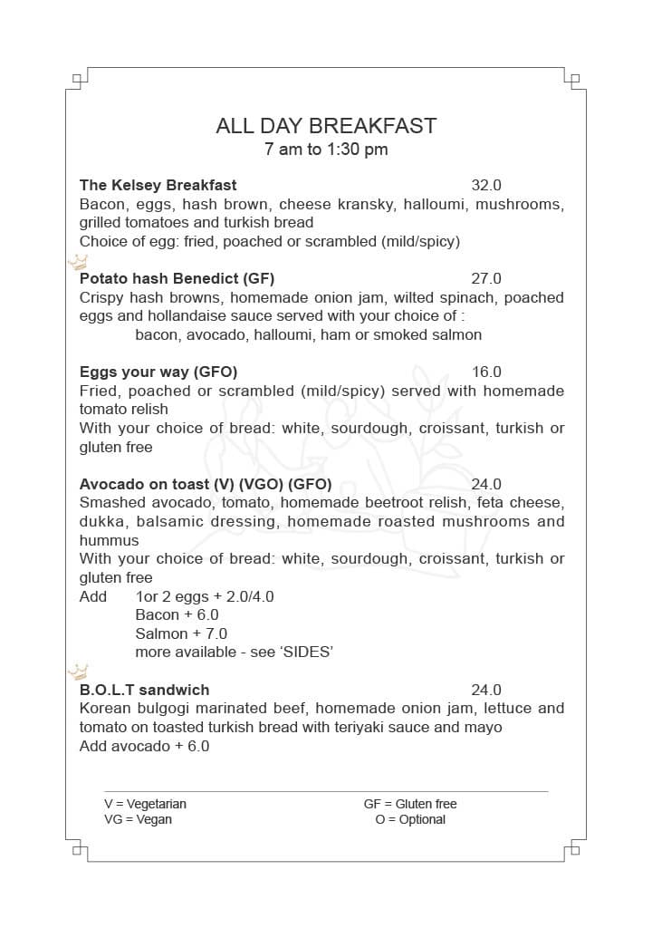 All Day Breakfast menu — 7am to 1:30pm