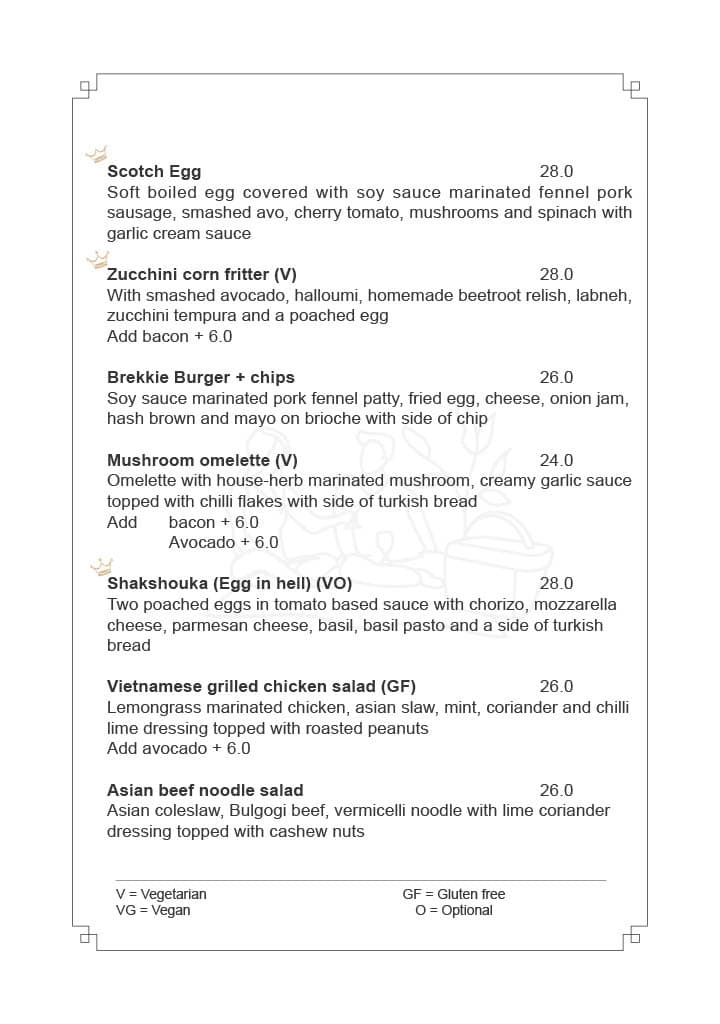 Scotch Egg, Zucchini Corn Fritter, Brekkie Burger, Mushroom Omelette, Shakshouka, Vietnamese Grilled Chicken Salad, Asian Beef Noodle Salad