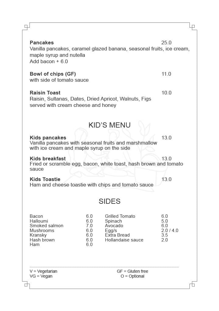 Pancakes, Raisin Toast, Kids Menu, and Sides